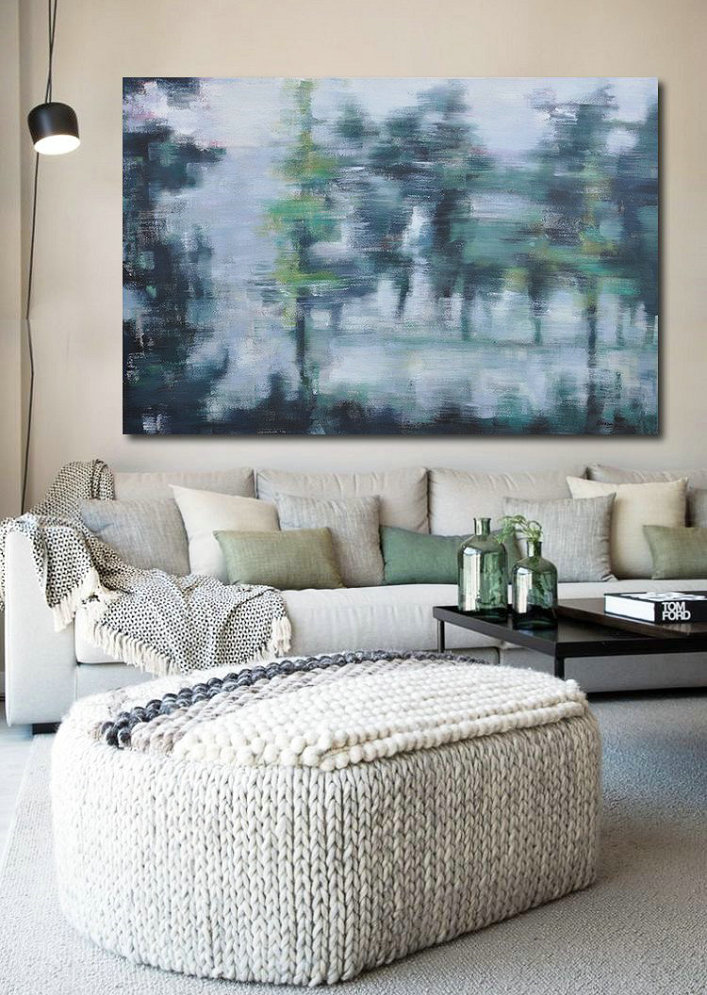 Large Abstract Art,Horizontal Abstract Landscape Oil Painting On Canvas,Unique Canvas Art,Grey,Dark Green,White.etc - Click Image to Close